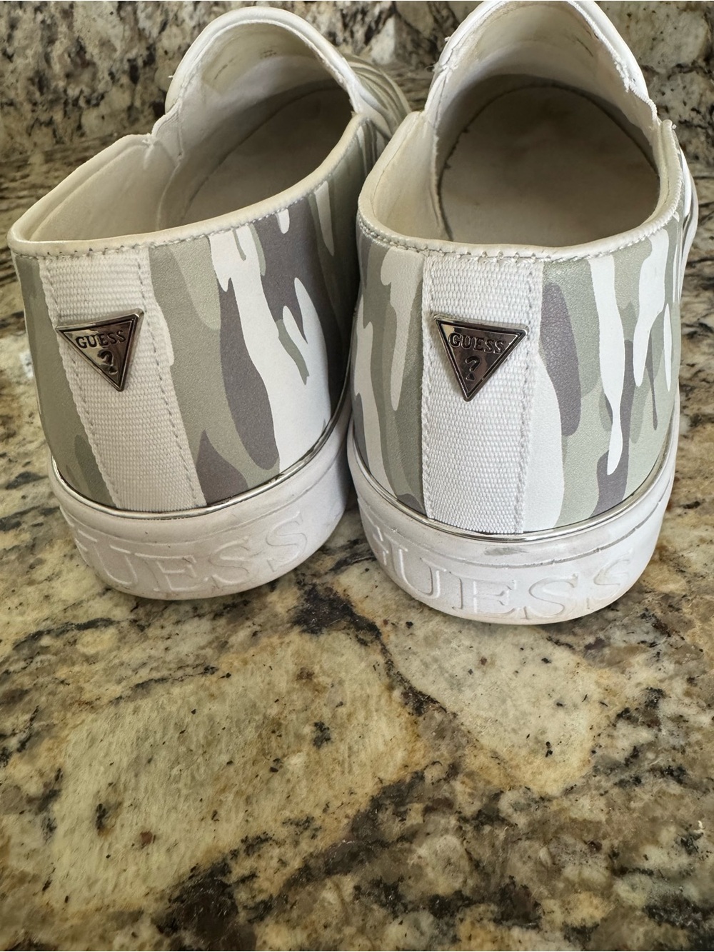 GUESS Women's Slip-On Camouflage Flats in White and Gray 8.5 M